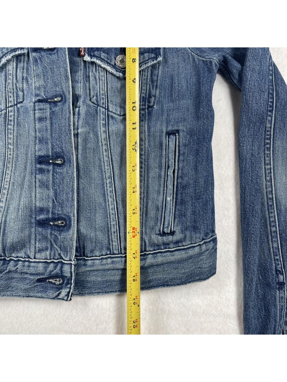 Levi Denim Blue Jean Trucker Jacket Women's XS Distressed - Flap Pockets - Picture 5 of 10